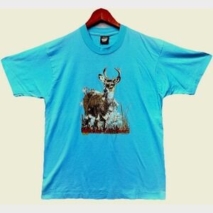 Vintage Nature T-shirt Size L Blue 1989 Single Stitch Screen Stars Deer Buck